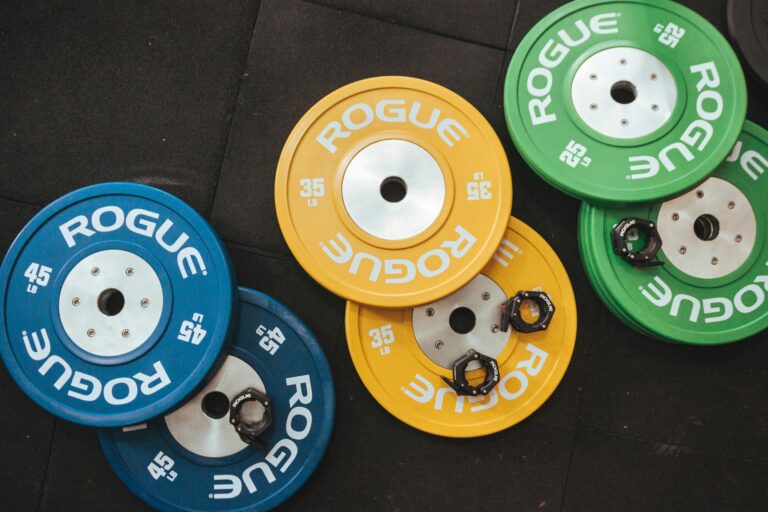 Stock image of colourful barbel weight plates