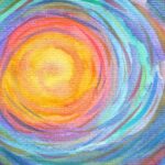 Painting of a spiral sun, with abstract pastel colours.